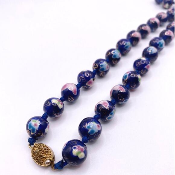 Chinese Cloisonné Cobalt Blue Flower Beaded Necklace 1940s - Picture 7 of 8